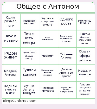 Общее с Антоном Bingo Card