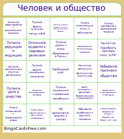человек и общество Bingo Card