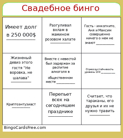 Свадебное бинго Bingo Card