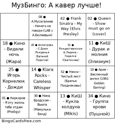 МузБинго: А кавер лучше! Bingo Card