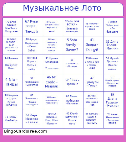 Музыкальное Лото Bingo Card