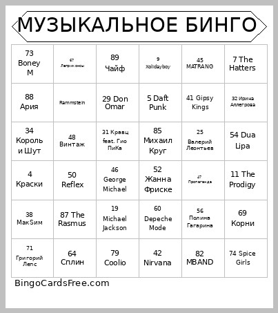 МУЗЫКАЛЬНОЕ БИНГО Bingo Card