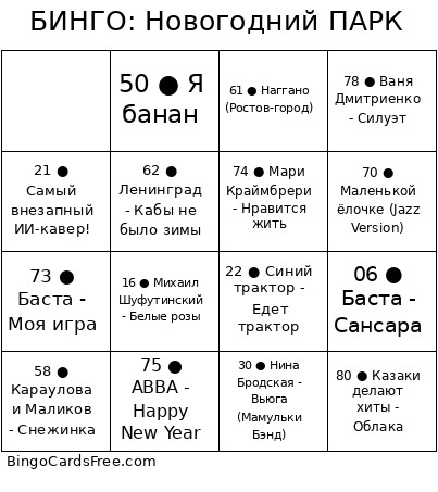 БИНГО: Новогодний ПАРК Bingo Card