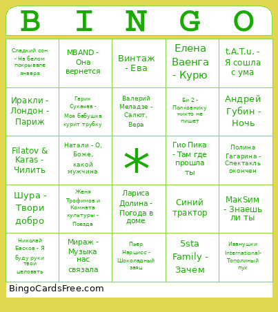 Музыкальное БИНГО Bingo Card
