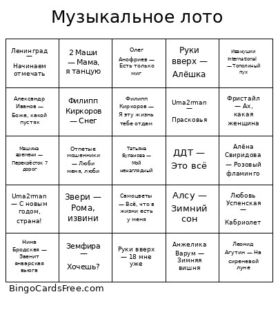 Музыкальное лото Bingo Card