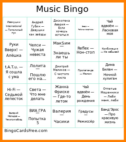 музыкальное бинго Bingo Card