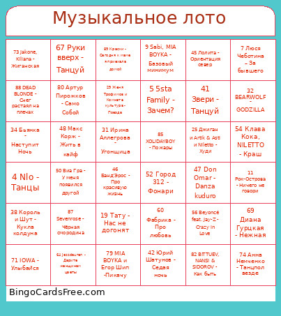 Музыкальное лото Bingo Card