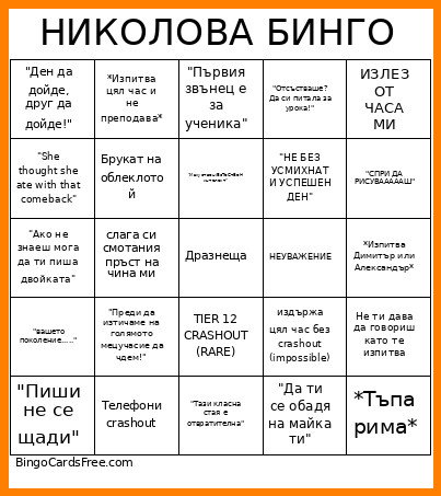 НИКОЛОВА БИНГО Bingo Card