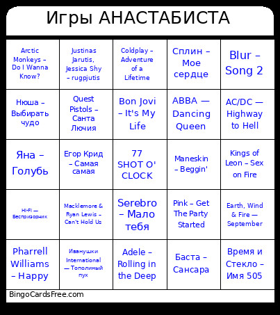 Игры АНАСТАБИСТА Bingo Card
