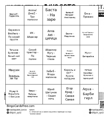 Музлото Bingo Card