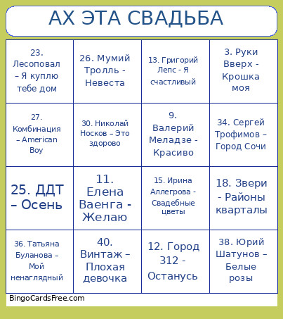 АХ ЭТА СВАДЬБА Bingo Card