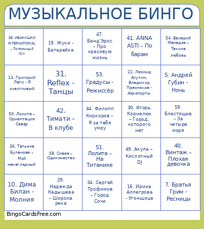 МУЗЫКАЛЬНОЕ БИНГО Bingo Card