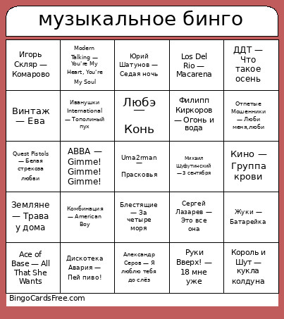 музыкальное бинго Bingo Card