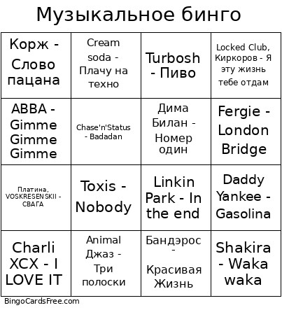 Музыкальное бинго Bingo Card