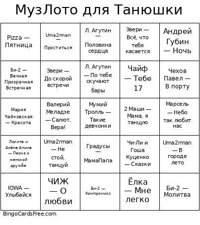 МузЛото для Танюшки Bingo Card