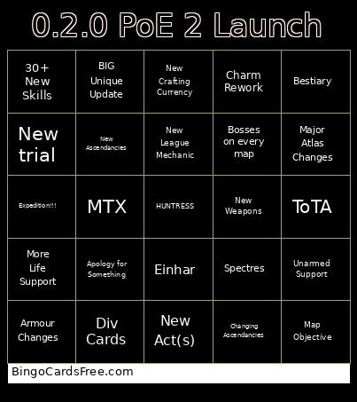 0.2.0 PoE 2 Launch Bingo Card