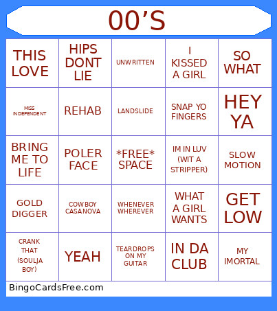 00’S HITS Bingo Card