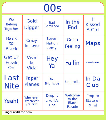 00s Bingo Card