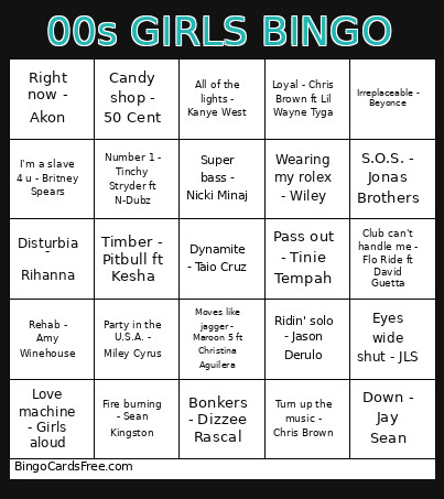 00s GIRLS Bingo Card