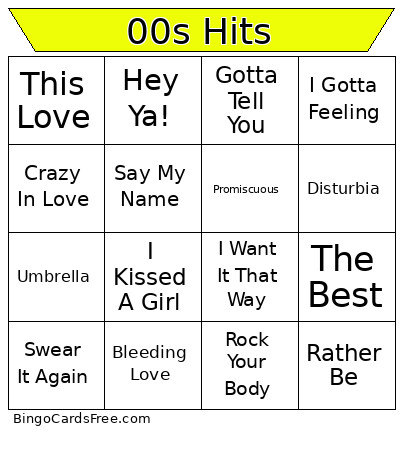 00s Hits Bingo Card