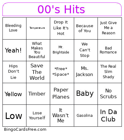 00's Hits Bingo Card