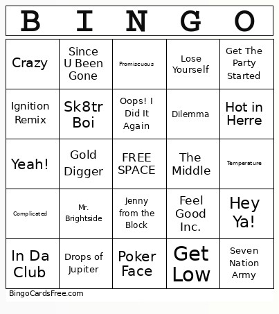00s List 1 Bingo Card