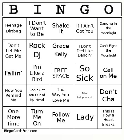 00's List #8 Bingo Card