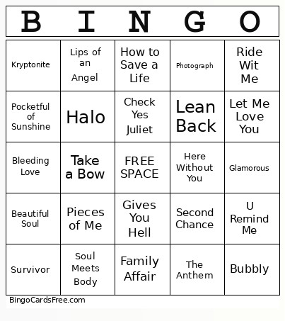00s Music Bingo Card