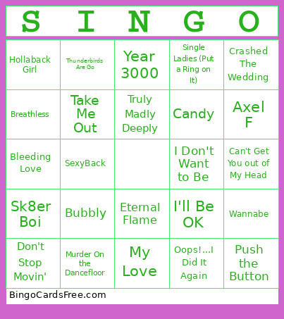 00s Singo Bingo Card