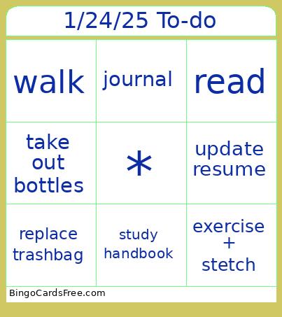 1/24/25 To-do Bingo Cards Free Pdf Printable Game, Title: 1/24/25 To-do