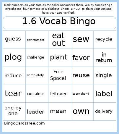 1.6 Vocab Bingo Card