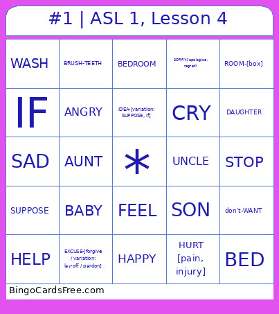 #1 | ASL 1, Lesson 4 Bingo Card