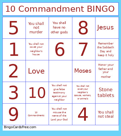 10 Commandment Bingo Card