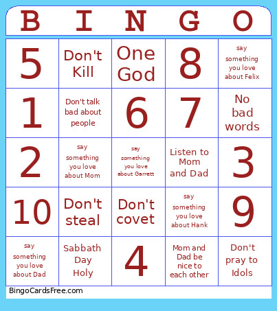 10 Commandments Bingo Card
