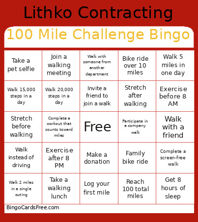 100 Mile Challenge Bingo Card