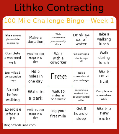 100 Mile Challenge - Week 1 Bingo Card