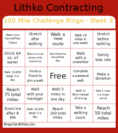 100 Mile Challenge - Week 3 Bingo Card