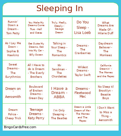 101. Sleeping In Bingo Card