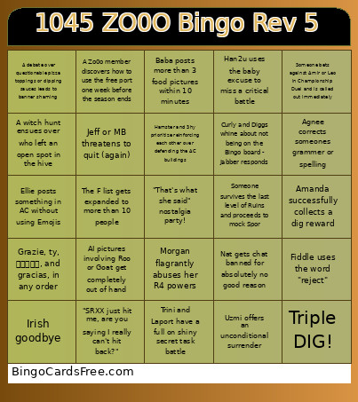 1045 ZO0O Rev 5 Bingo Card