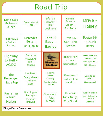 108. Road Trip Bingo Card