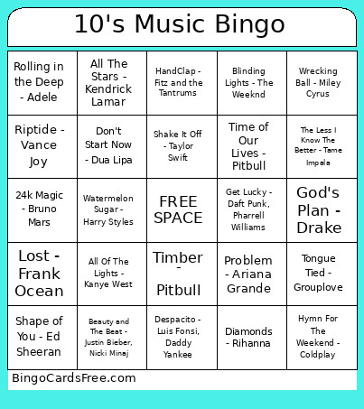10's Music Bingo Card