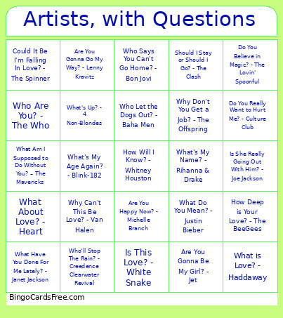 111. Artists With Questions Bingo Card