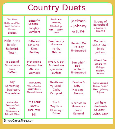 114. Country Duets Bingo Card