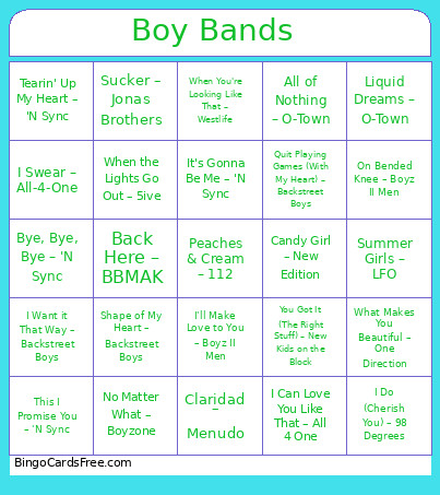 117. Boy Bands Bingo Card