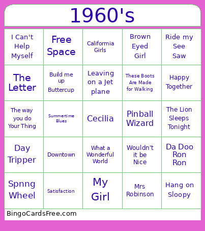 1960's Bingo Card