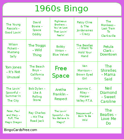 1960s Bingo Card