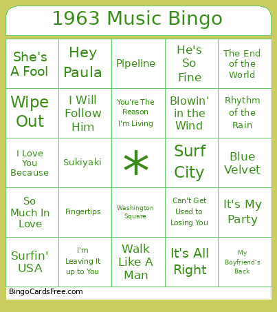 1963 Music Bingo Card