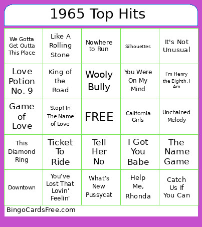 1965 Top Hits Bingo Card