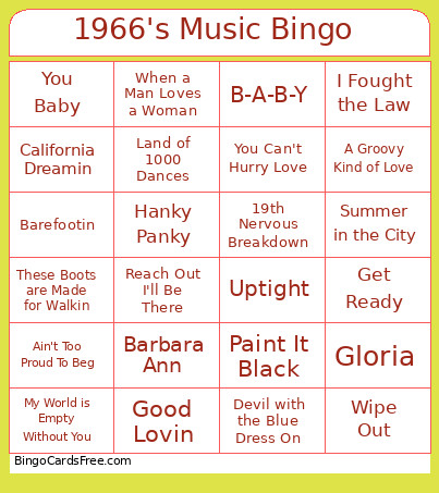 1966's Music Bingo Card
