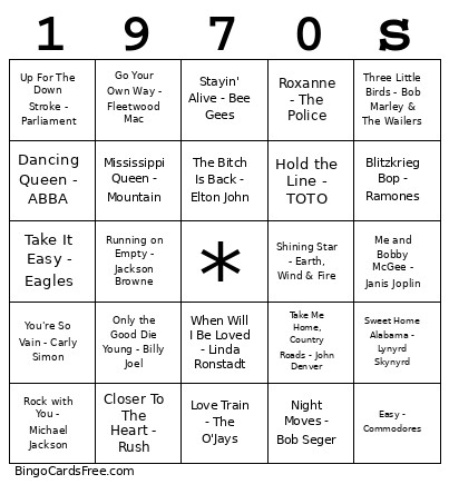 1970s Bingo Card